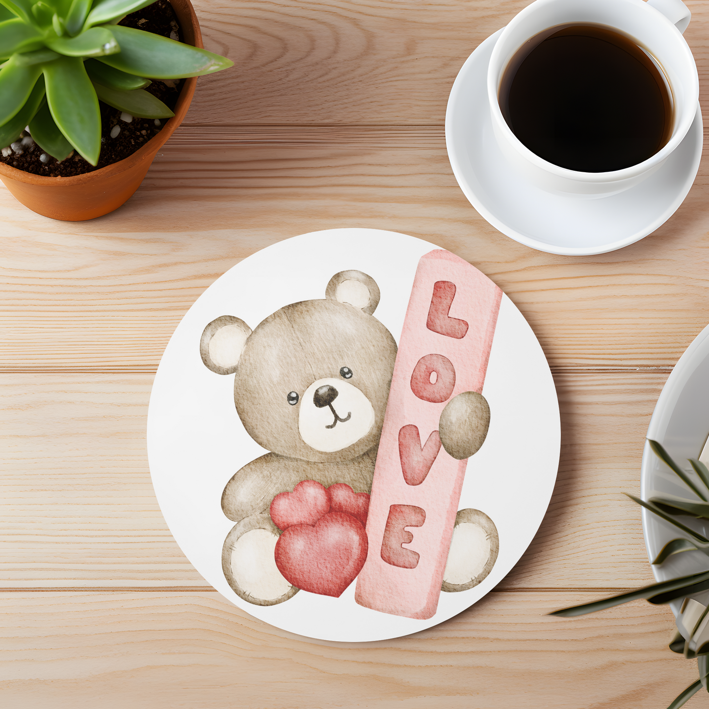 Valentines Teddy Bear Ceramic Coaster