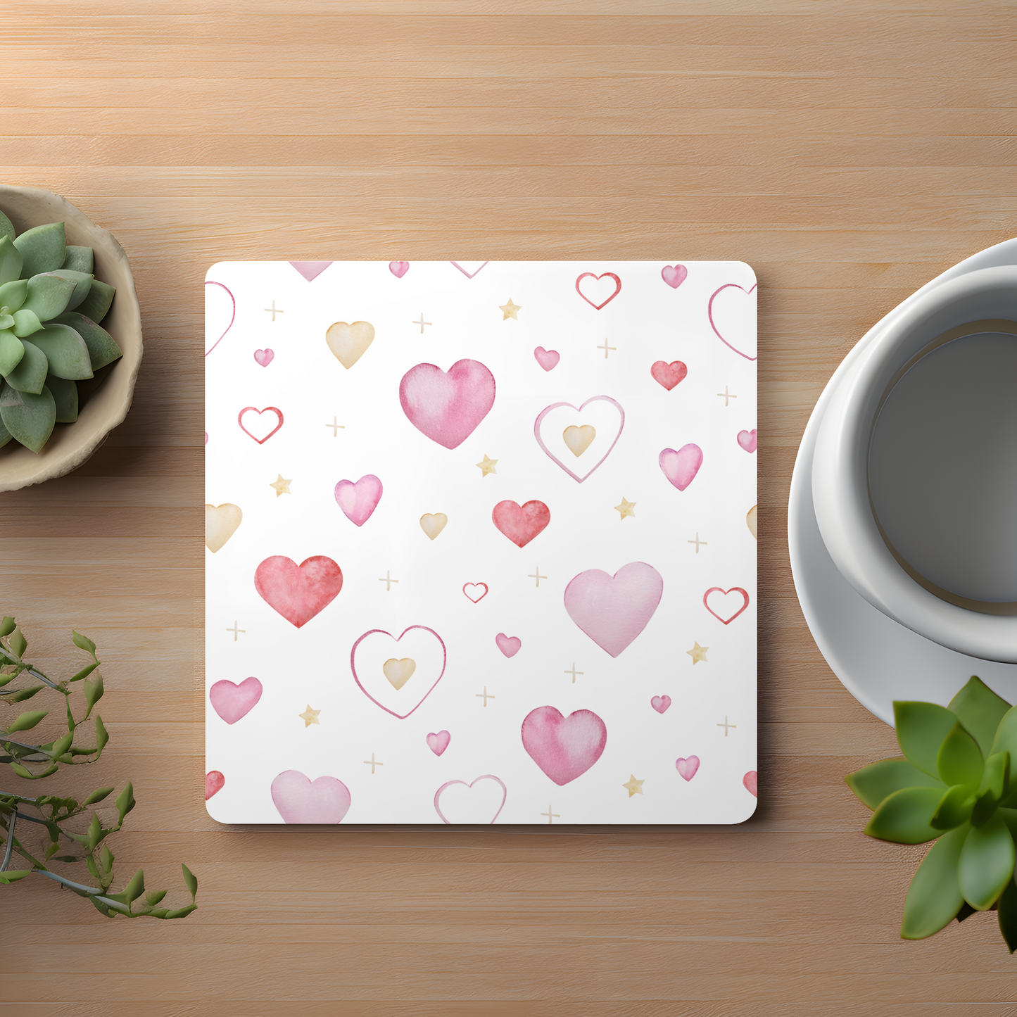 Watercolor Hearts Valentines Ceramic Coaster