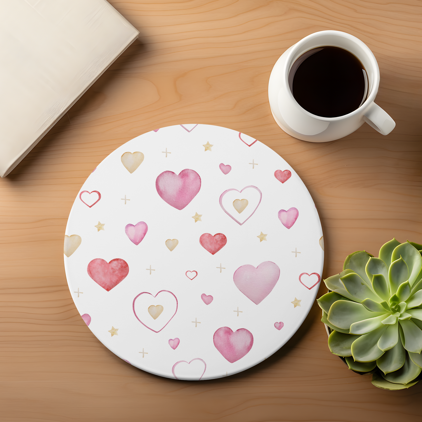 Watercolor Hearts Valentines Ceramic Coaster