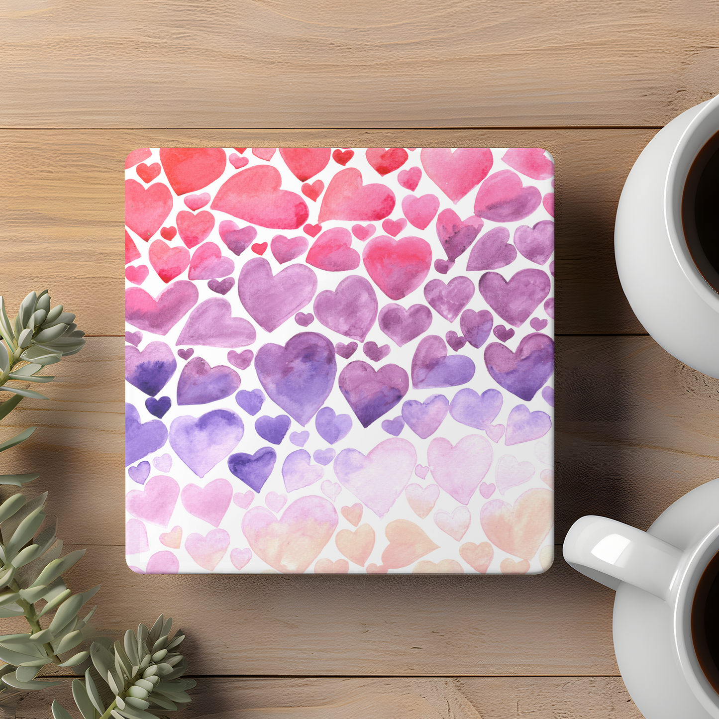 Valentines Watercolor Hearts Ceramic Coaster