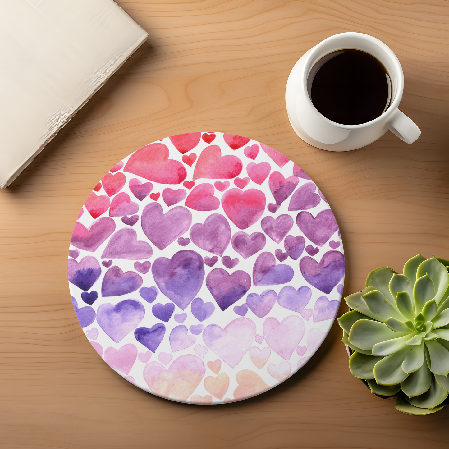 Valentines Watercolor Hearts Ceramic Coaster